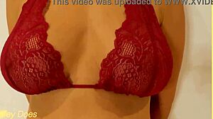 Wife's seductive red lingerie try-on sparks intense fantasies