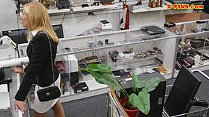 Blonde milf sells her items in the garage and gets a blowjob from a hidden cam perspective