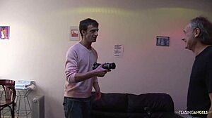 Three lucky guys bang two brunette sluts on the couch in hardcore group action!