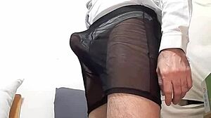 Naughty Guy With Huge Thick Cock In Transparent Black Underwear And Shirt, Giant Erect Cock Of 25 Cm Spurting Milk