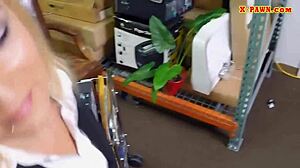 Blonde milf sells her items in the garage and gets a blowjob from a hidden cam perspective