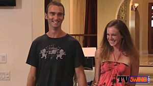 A stunning hottie shares a gentle kiss with her best friend