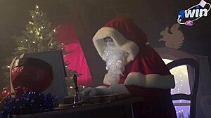 curly haired girl rides santa claus in cowgirl position, gets blowjob, doggystyle, and ends with cum facial in lingerie