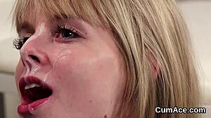 wacky looker gets cum load on her face eating all the love juice