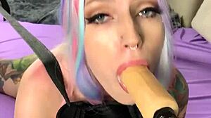 Tied cutie with small tits sucks cock and dildo on fuck machine