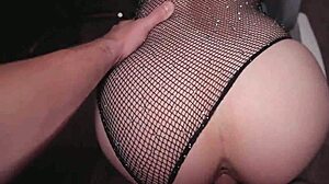 Hot babe in fishnets surprises with hard doggystyle