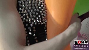 Nora plays with porn balloons in hardcore fetish scene