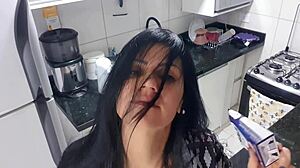 Wow! Sensual Latina Dama Masturbates with Monster Cock in Kitchen!