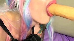 Tied cutie with small tits sucks cock and dildo on fuck machine