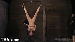 Bound slut gets her shaved pussy pleasured hard in bondage