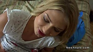 Blonde girlfriend takes big cock in anal reverse position.