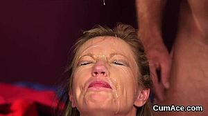 Unusual hottie gets cum shot on her face gulping all the love juice