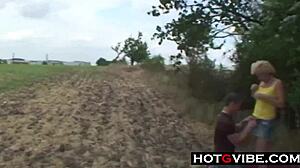 Mature blonde's thrilling outdoor threesome with young and old partners