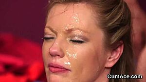 Unusual hottie gets cum shot on her face gulping all the love juice