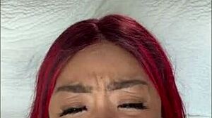 Redhead ebony milf deepthroats dildo