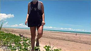 wife dares to play football nude on clothed public beach