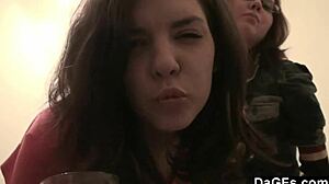 two teen lesbians play with camera in bedroom