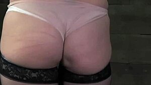 Bound slut whipped and anally fucked by lesbian domme in stockings