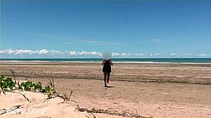 wife dares to play football nude on clothed public beach