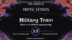 Erotic audio of military train scenario for women's pleasure, featuring masturbation and orgasm fantasies.