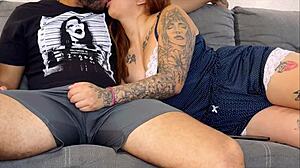 placing head on legs sparks an unexpected reaction in intimate homemade setting with curvy figure and natural features