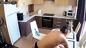 This Cute Big Tits Beauty Is Cleaning The Kitchen Topless, Nipples Pierced And Sexy
