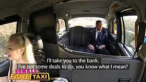 Wow, busty blonde cabbie surprises office worker in taxi!