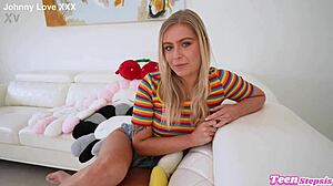 Cute petite blonde babe Krissy Knight gets creampied in cowgirl and doggystyle.