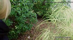 Blonde in Pantyhose Fucks Hard in Public Bushes