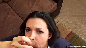 Sexy brunette gives handjob to parody babe