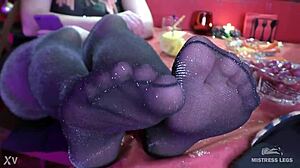 Wow, mistress's sexy feet in slippers and lurex pantyhose!