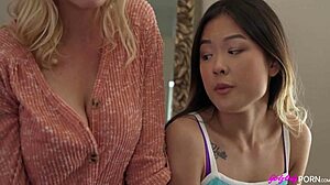 Lulu Chu and Serene Siren explore first-time lesbian fun. Their small tits and fingering drive wild passion.