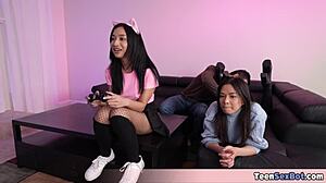 Two gamer chicks keep playing while getting fucked by horny stepbro.