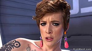 Tattooed busty milf rides fucking machine 😈