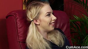 foxy bombshell gets cumshot on her face gulping all the jizm