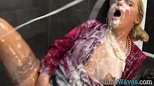 fetish whore gets messy cumshot in stockings gloryhole