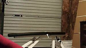 Blonde milf bodybuilder undresses teasingly in gym, ripping leggings