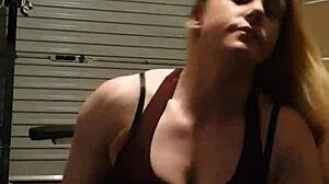 Blonde milf bodybuilder undresses teasingly in gym, ripping leggings