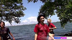 Latina teen footballer plays with coach's big balls in group blowjob