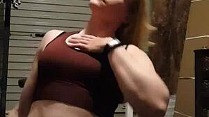 Blonde milf bodybuilder undresses teasingly in gym, ripping leggings