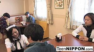 Cute Asian Waitress Gives Double Blowjob and Facial!