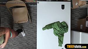 Watch this bespectacled shoplifter get fucked hard in doggystyle!