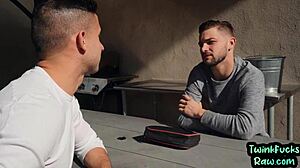 Bottom Twunk Sucks Cock, Gets Barebacked Outdoors