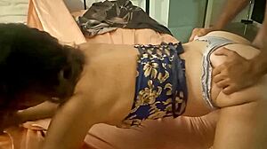 french slut in satin thong gives blowjob and rimjob