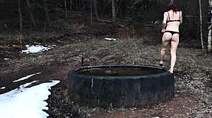 Rough outdoor fuck and facial on redhead.