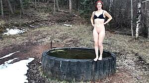 Rough outdoor fuck and facial on redhead.