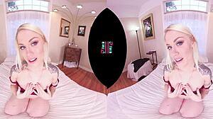 Skinny blonde undresses and masturbates in POV