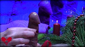 Mrs santa claus gives her husband a handjob while fingering his peehole