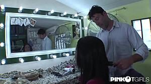 Shemale Leona's hungry gaze shines with big cock in wild action