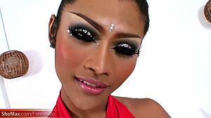 Wow, this adorable tattooed ladyboy jerks her huge shecock up close in HD!